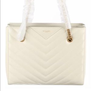 SAINT LAURENT White Chevron Tribeca Shopping Bag